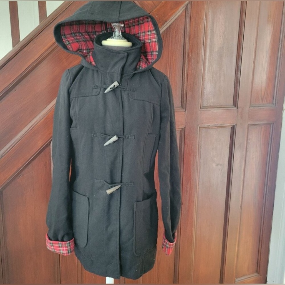 Miss London Black Pea Coat with Red Plaid Accents